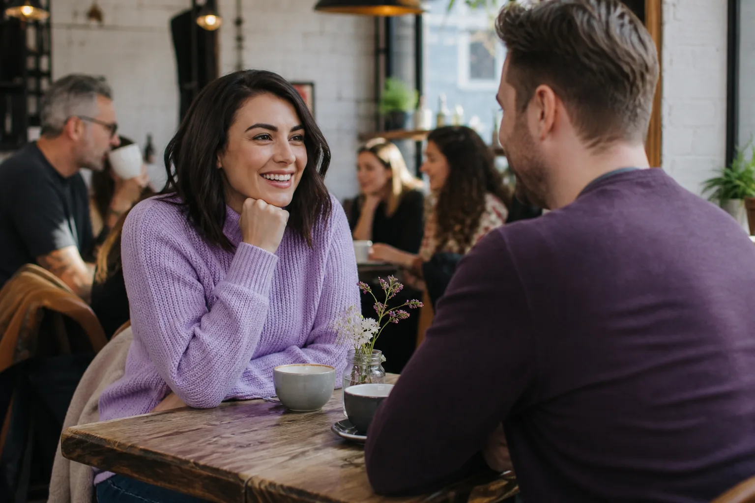 Two people chatting over coffee in Stirling city centre