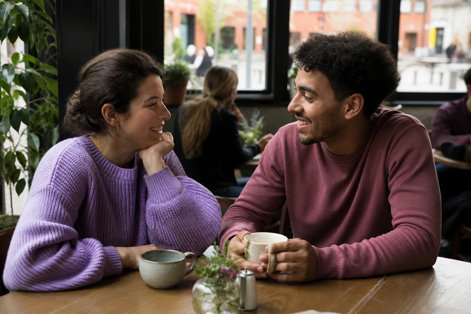 Two people chatting over coffee in a relaxed UK cafe