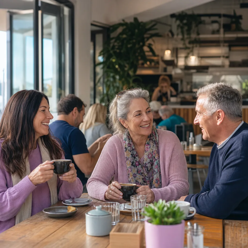Two over-50 singles meeting in a busy Stirling cafe